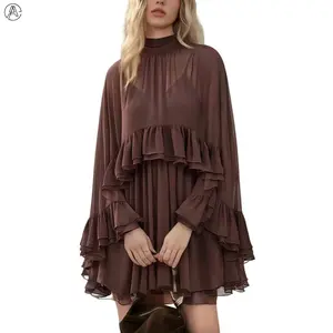 Arssm Women’s Chiffon Ruffle Dress – Semi-Sheer Cape Overlay Flowy Elegant Dress for Vacation, Party & Summer Occasion Wear