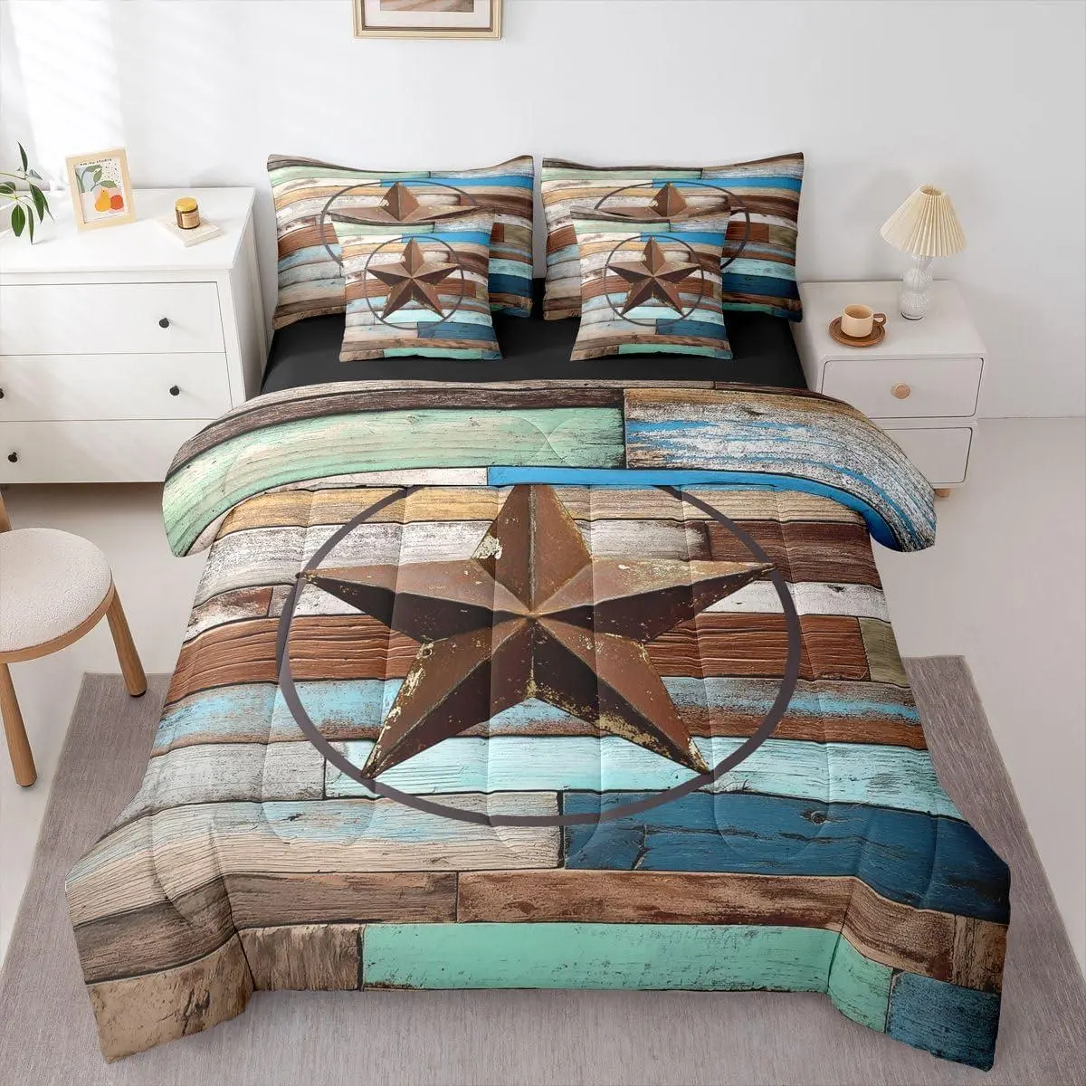 Texas Star 7 Piece Comforter Set,Bed in A Bag Retro Western Bedding Set for Kids Boys Girls Southwest Wooden Board Quilt Country Cabin Lodge Decor Sheet Set with Comforter