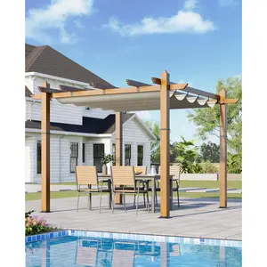 Beige Heavy‑Duty Aluminum Pergola with Retractable Canopy, Wood‑Grain Modern Outdoor Pavilion, Rust‑Resistant Metal Frame with UPF 50+ Waterproof Sun Shade, Ideal Sun Shelter for Patio, Backyard and Deck Use