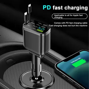 5 in 1 Retractable Car Charger with Dual Cables Fast Charging Solution USB Car Phone Charger,LED Digital Display Retractable Car Charger PD Quick Charge 12v/24v for Huawei Apple iPhone17PRomax16 15 14 13 Samsung
