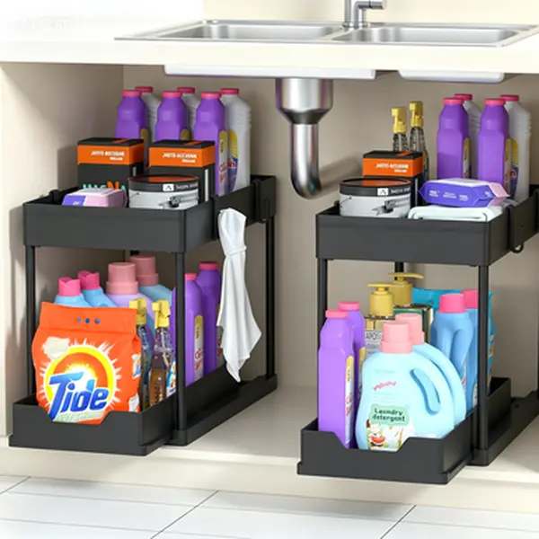 2-Pack Black Double Tier Slide-Out Under Sink Organizer, 16.5"x9.3" ABS+Metal Sliding Basket for Bathroom Cabinets, Multi-Purpose Home Storage for Bathroom, Kitchen