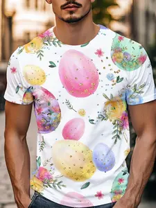 Watercolor Egg Floral Short Sleeve T-Shirt, American Fresh Style, Skin-Friendly Breathable, Easter Party / Spring Picnic