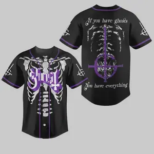 Ghost Band Baseball Jersey – Gothic Rock Metal Shirt with Skeleton & Cross Design – If You Have Ghosts You Have Everything Quote – Dark Alternative Streetwear Top for Fans & Concert Outfits