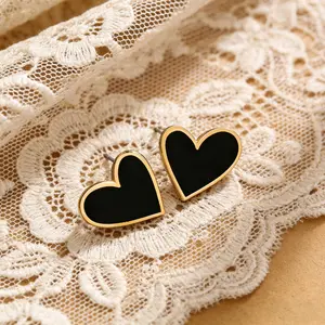 Minimalist Korean Style Black Heart Studs Jewelry,Titanium Steel Elegant Fashion For Women