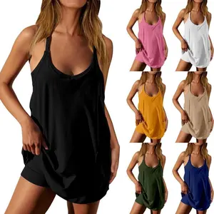 Women's Womens Athletic Sleeveless Mini Dress with Built-in Shorts V Neck Spaghetti Strap Short Tennis Dress with Pockets