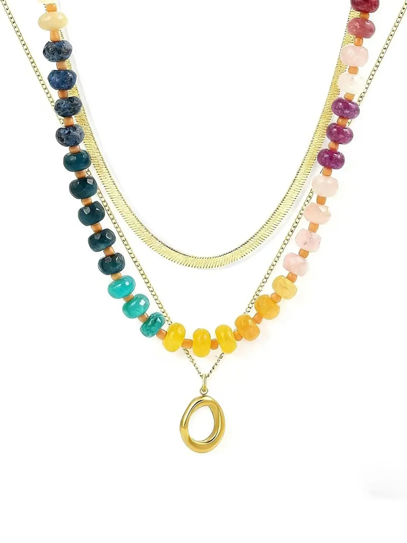 Layered Beaded Necklace for Women Colorful Trendy Snake Chain Circle Pendant Choker Gold Chain Beaded Chains Adjustable Length Bohemian Boho Style Jewelry Rainbow Stackable Necklaces Jewelry Gift