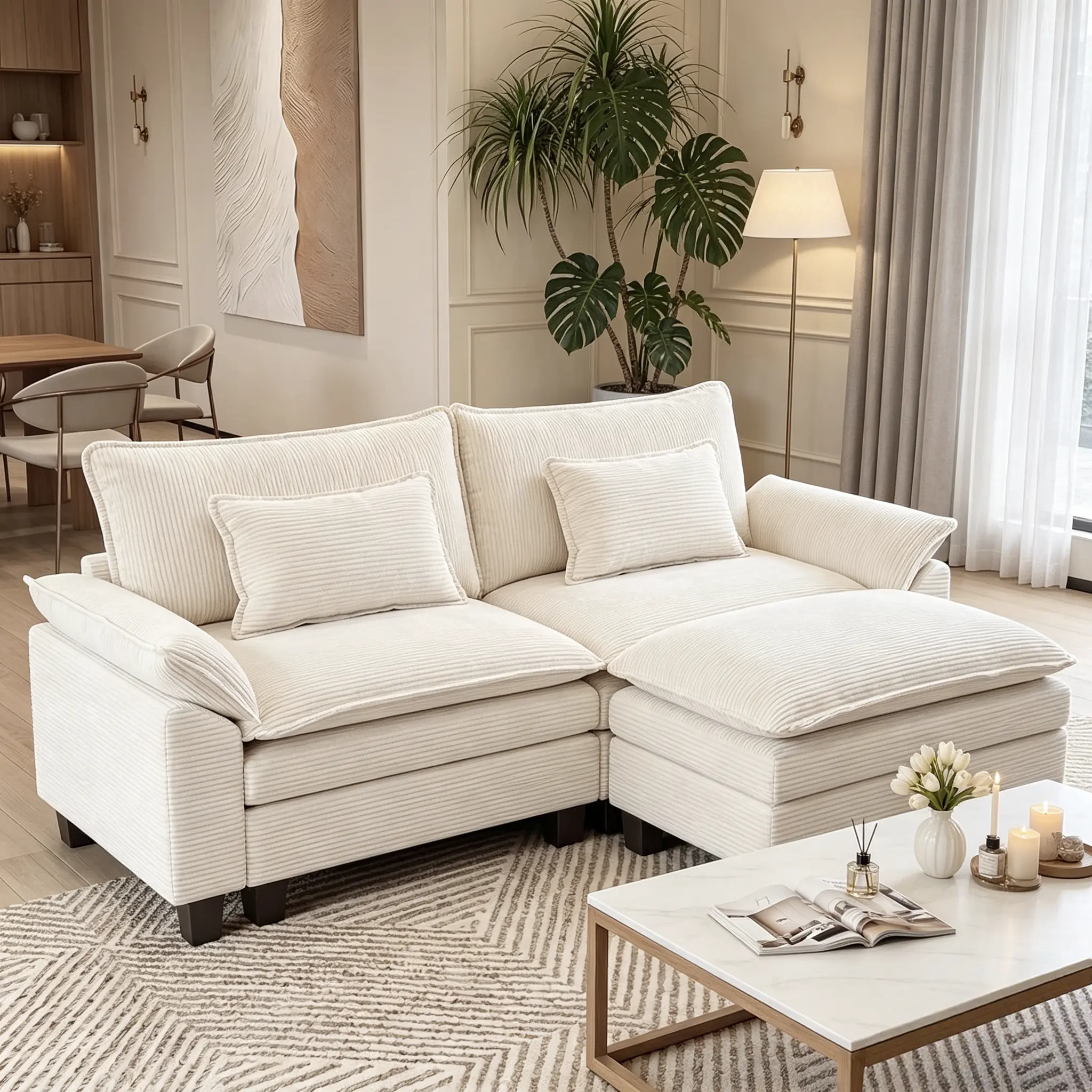 [2 Packages Shipping] Modular & Convertible Deep Cloud Seat Corduroy Sofa - 87" L-Shaped Sectional with Fixed Arms, Ottoman, Cushion, Supportive Foam, Reinforced Spring System for Living Room, Apartment