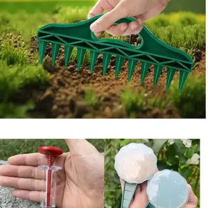 2 gardening sets, 1 punch +1 5-speed adjustable seeder-green plastic material with soil punch and seed spacer, 5 suitable for vegetable planting, without electricity.