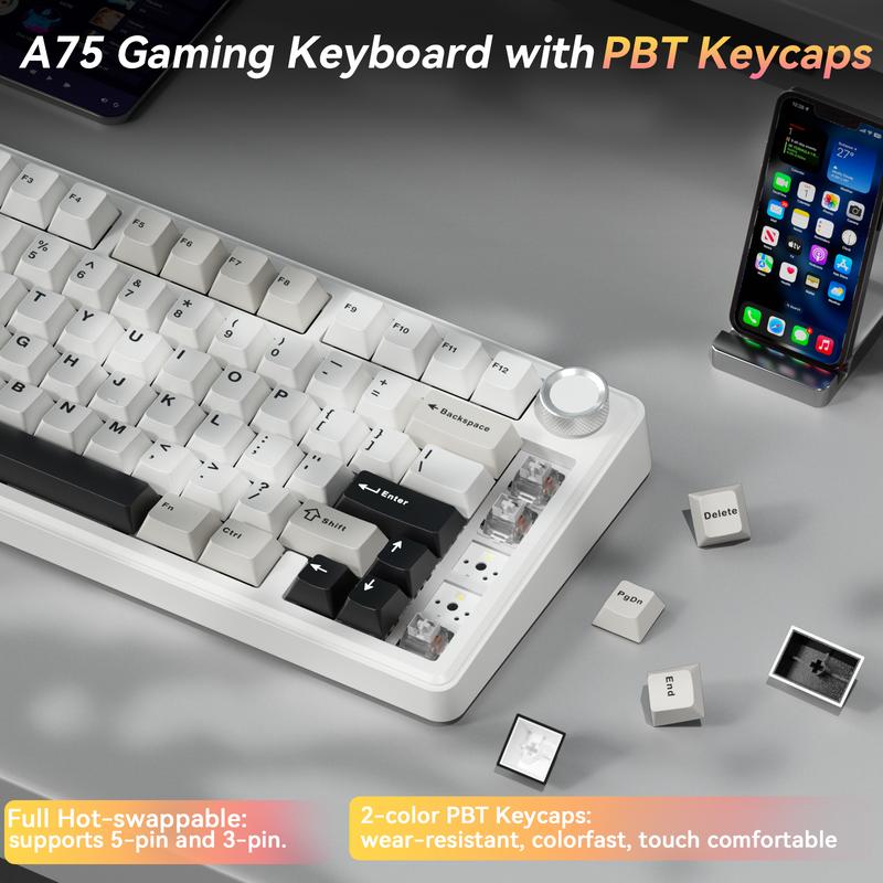 SOLAKAKA A75 75% Wireless Mechanical Keyboard – Hot-swappable RGB gaming keyboard with a sealed design, smooth feel, PBT keycaps, and rotary controls. A creamy keyboard suitable for PC/Mac gaming devices.