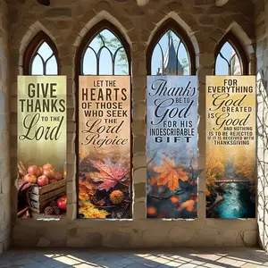 4 Pcs Religious Banners, Polyester Material Autumn religious vertical banners with thanksgiving bible verses fall maple harvest scenery decoration for church home wall hanging suitable for thanksgiving holiday indoor decor