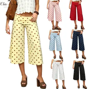 Women‘s Polka Dots Print Fold Over Capri Pants Low Rise Wide Leg Gaucho Pants Summer Casual Cropped Yoga Bottoms