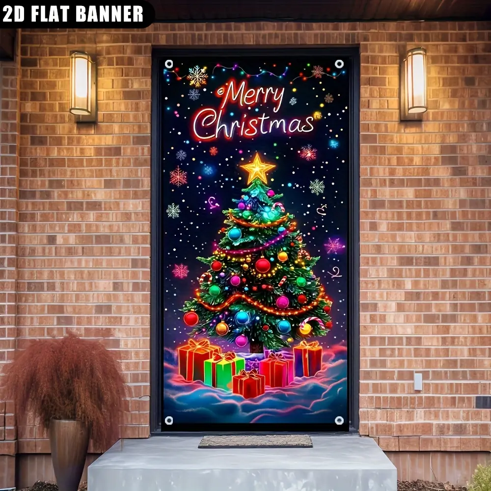 Comfortable 2D Christmas Tree Door Frame Decoration, Polyester Fiber Material, No Batteries Needed, Perfect for Holiday Celebrations & Seasonal Parties