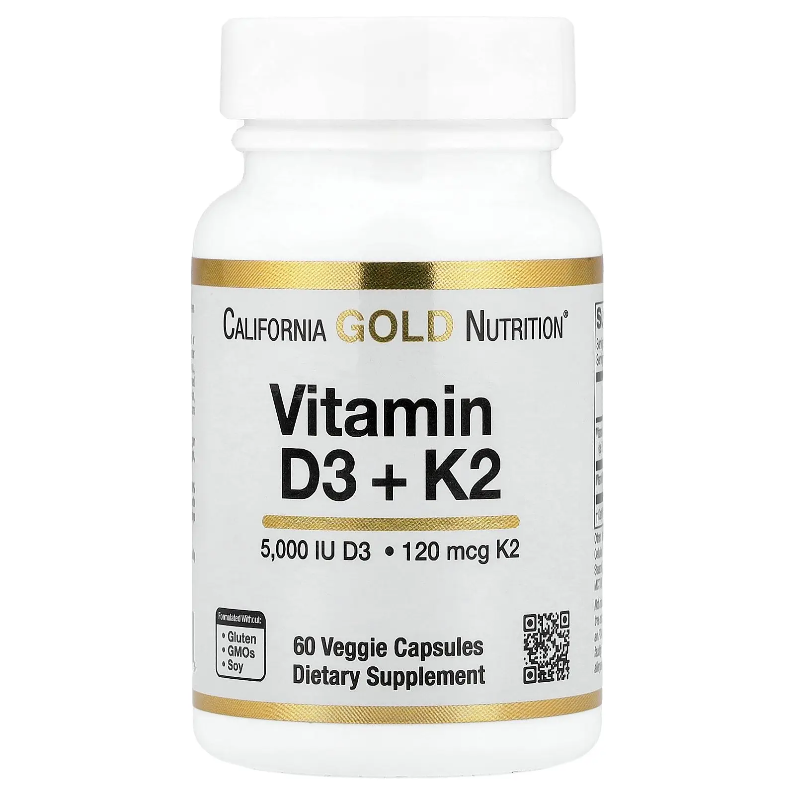 California Gold Nutrition Vitamin D3 + K2 as MK-7, 60 Veggie Capsules