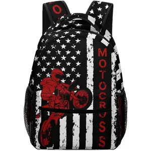 Motorcycle with American Flag Backpack for Boys Men, Vintage Motorcross Dirt Bike Bookbag, Water Resistant Children Casual Daypack Travel Laptop Backpack, 16.5 Inch, Black White Red