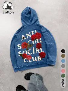 Street life men's graphic print long-sleeved hooded sweatshirt, cotton washed and distressed with pockets loose sports hoodie