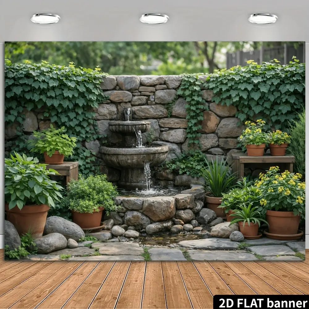 2D Polyester Greenery Background Wall Cloth, Garden Party Outdoor Wedding Decor, Wedding Party Backdrop, Vintage Stone Wall Design, Multiple Outdoor Themes, Party Decorations