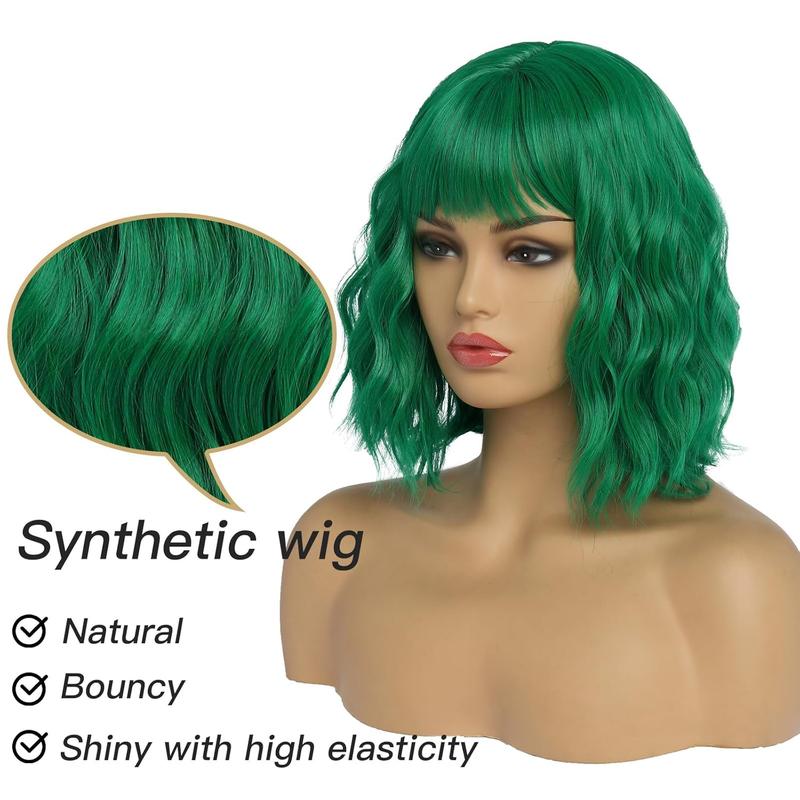 BESTUNG Short Green Wigs for Women Green Wavy Bob Wig with Bangs Medium Length Synthetic Hair Water Wave Dark Roots Wig Gray Colorful Wigs（12inch）