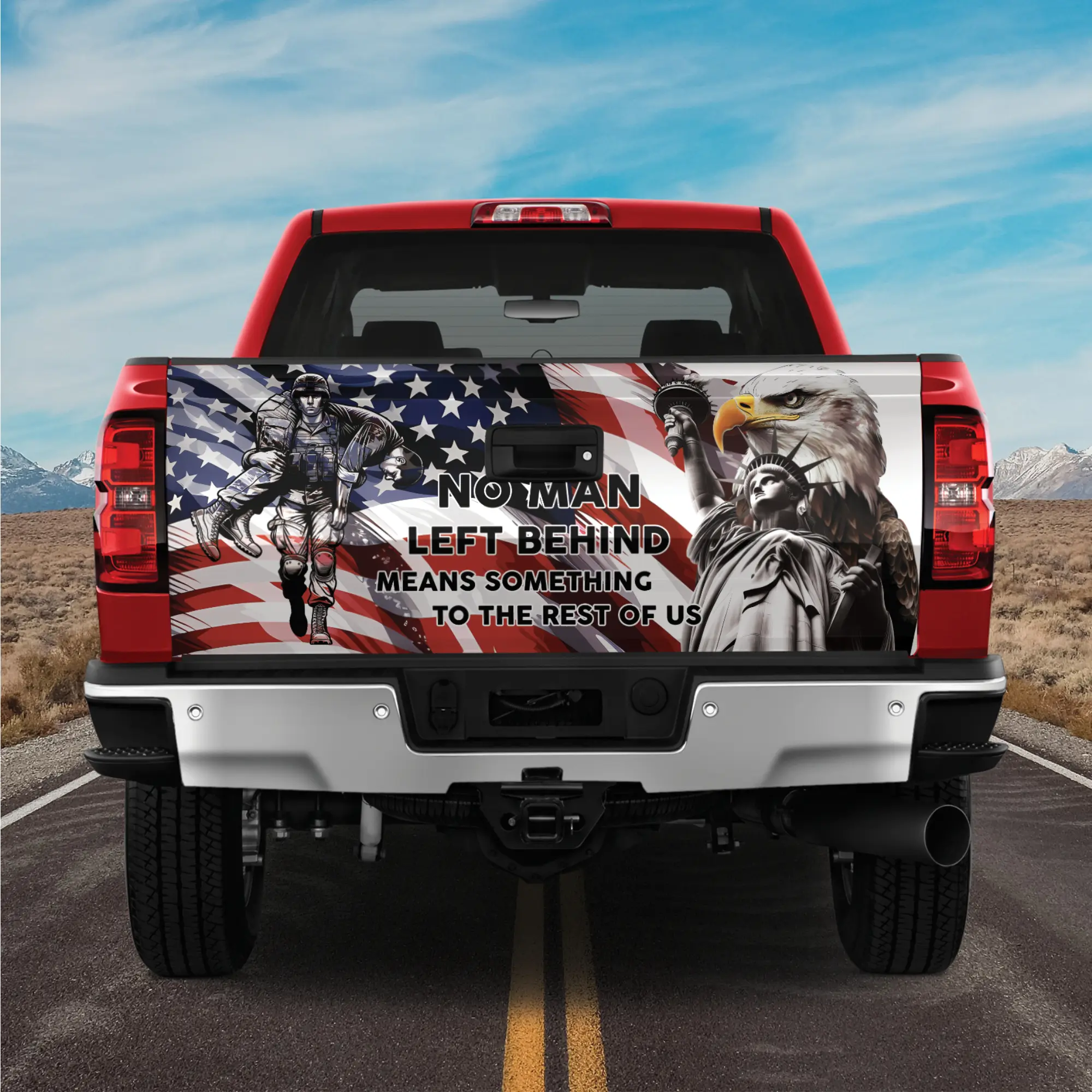 Patriotic Freedom Tribute Tailgate Wrap - America Flag, Bald Eagle, Statue of Liberty and Service Member Graphic for Pickup Trucks