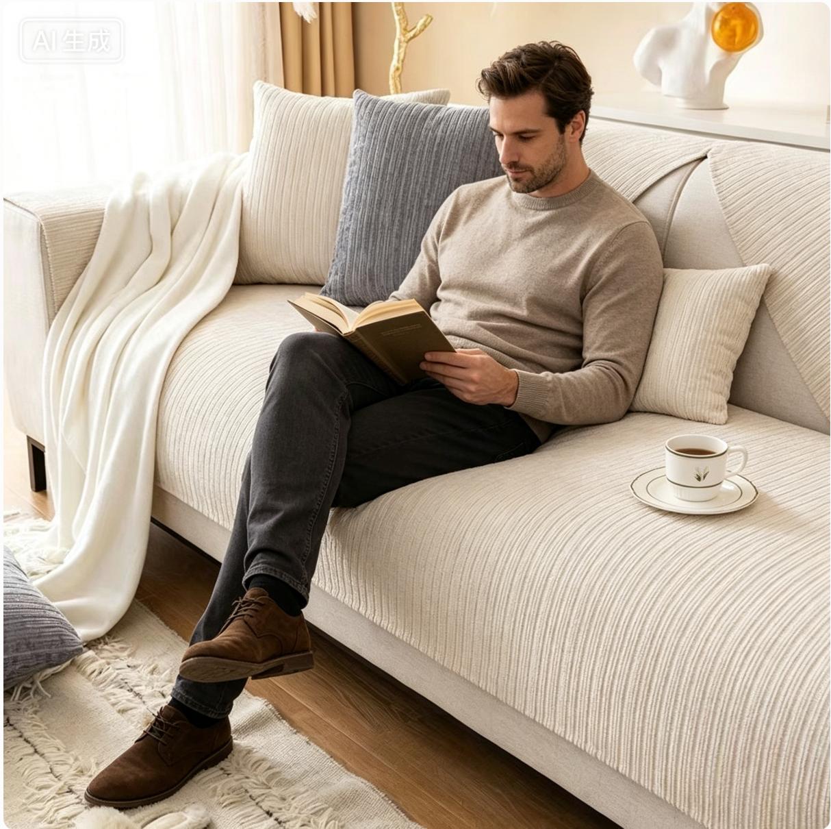 Effortless Neutral Couch Pad | Ribbed Beige Slipcover for Low-Key Luxury Aesthetics
