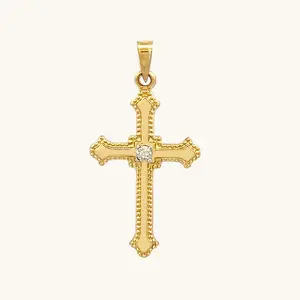 SOLID 14K GOLD BUDDED EDGE DIAMOND CROSS PENDANT