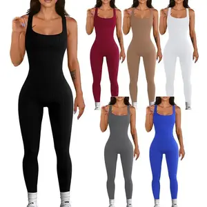 2025 Women's Solid Color Sleeveless Tank Top Jumpsuit Ribbed Square Neck Backless Hip Lift Slim Fit Sports Jumpsuit