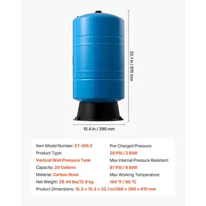 VEVOR 20-Gallon Vertical Well Pressure Tank, Pre-Charged Pressurized Water Tank for Well Pumps, Heavy-Duty Carbon Steel Water Storage Container for Home, School, Farm Irrigation Systems