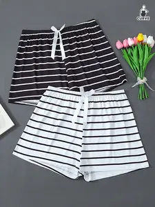 Women's Plus Size Knitted Sleep Pants Set, Striped Knit Sets, Striped Leopard Pattern, Loose-Fitting Home Wear, Casual All Seasons Loungewear, Nightwear