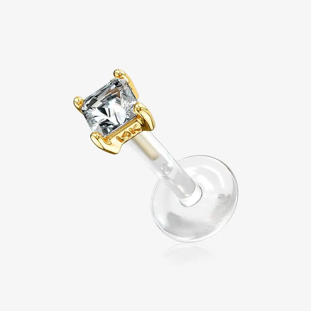 14 Karat Gold Push-In Prong Set Princess Cut Square Gem Top Bio-Flex Labret