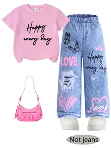 Two-Piece Girls' Casual Set, Hearts Print, Soft Knit Short Sleeve T-Shirt & Denim Jeans, Suitable for Ages 4-9, Daily Wear, Casual Outfit Set