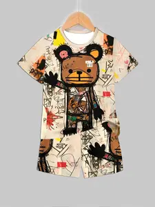 Boys' Football Style Short Sleeve Two-Piece Set, Asymmetrical Design, Fitted Casual Tee, Natural Waist Shorts, Random Print, Clothes Kids