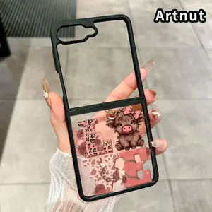 Cute Cow Love Pattern Foldable TPU Phone Case for Z Flip 7/6/5/4 with Axis Guard and Complete Lens Protection Shockproof Silicone Transparent Cover