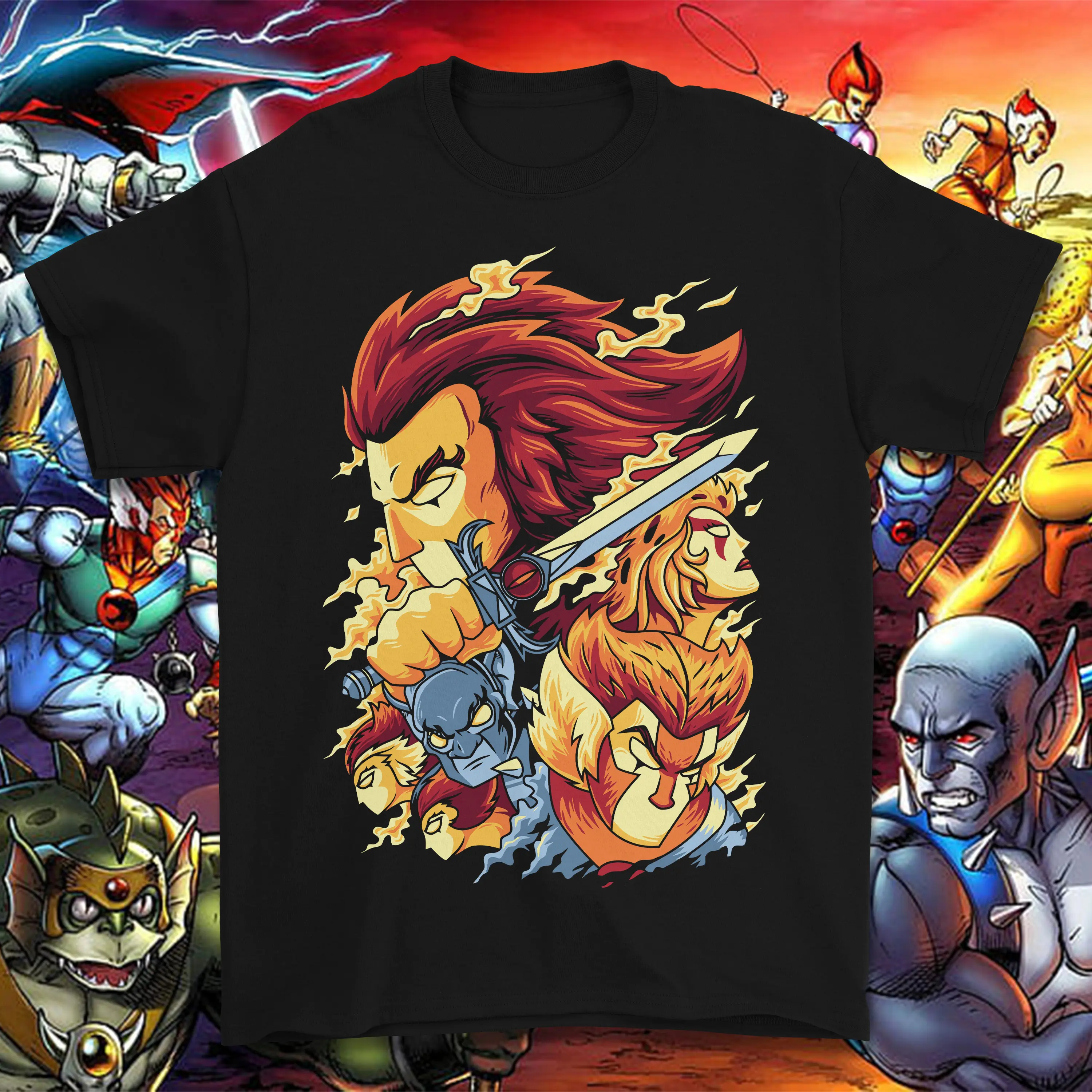 Unisex Vintage 80s Thundercats Cartoon Graphic Tee, Round Neck Short-Sleeve Casual Menswear Tops, Retro Character Grid Print Oversized Streetwear Sports Top