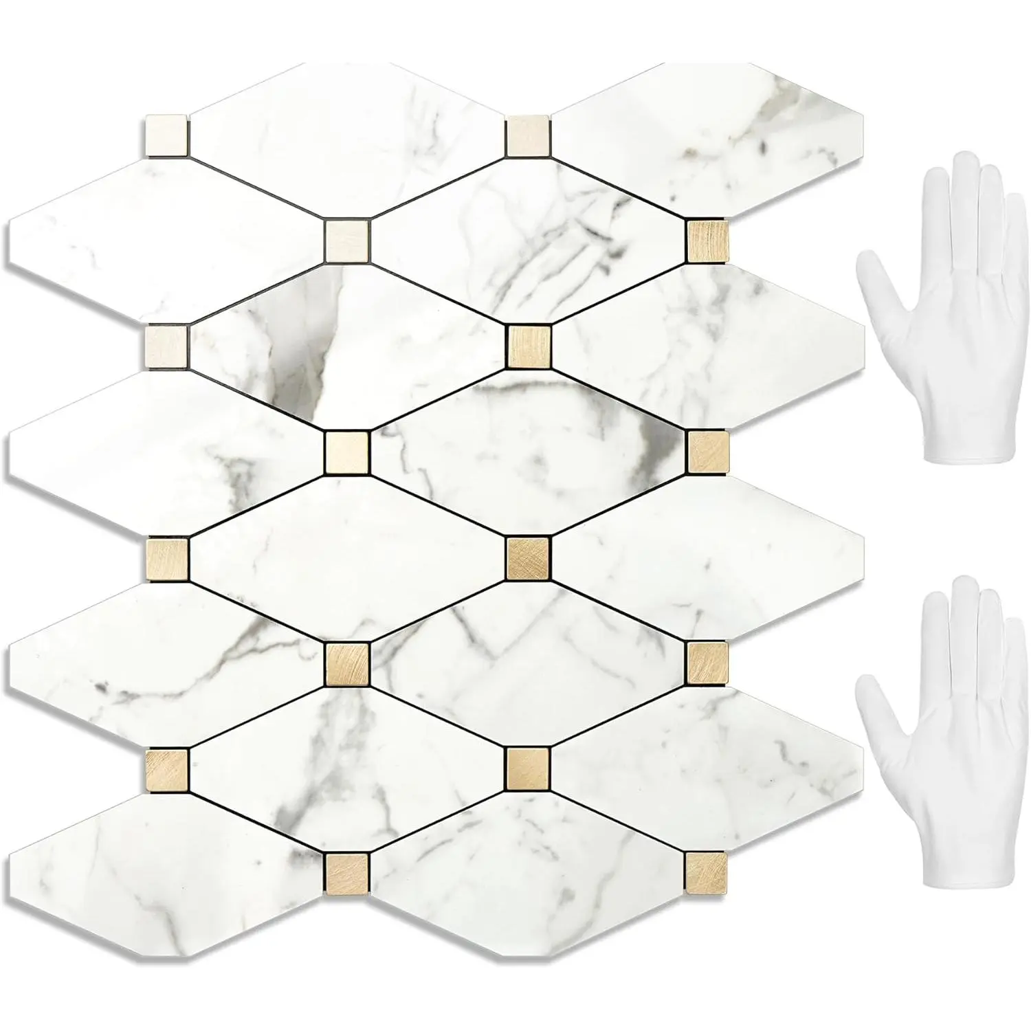 10-Sheet Synthetic Durable PVC Faux Polished Carrara White Marble Metal Backsplash Stickers, 12.7"x12"x0.12" Each, Glossy Waterproof Self-Adhesive Modern Chic Beige Stone Texture Decor for Kitchen & Bathroom Walls, Easy-To-Cut Design