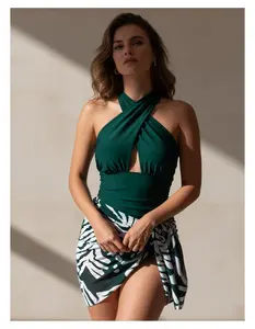 Emerald Green Swimsuit for Women - Halter One Piece Bathing Suit with Zebra Print Swimsuit Cover Up Skirt Set - Sexy Cutout Swimwear for Summer Vacation, Beach, Pool