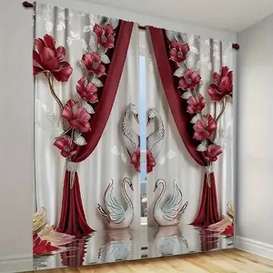 Floral Swan Print Curtains Set, Fashionable Rod Pocket Window Drapes for Bedroom & Living Room, Comfortable Atmosphere, Easy Installation, Home Decoration Curtain, Upgrade Curtain