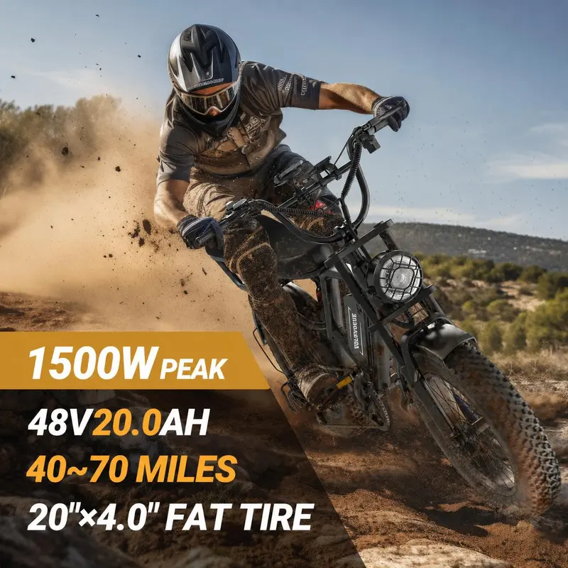 【Dude Dealz Exclusive】【VOLTVOGUE】Electric Bike | Peak Power 1500W | Full Suspension | Top Speed 31 MPH | Range 40-70 Miles | 48V 20Ah Removable Battery | 2-Seater Design | LED Headlights | 20-Inch All-Terrain Fat Tires | UL 2849 Certified【BK20】