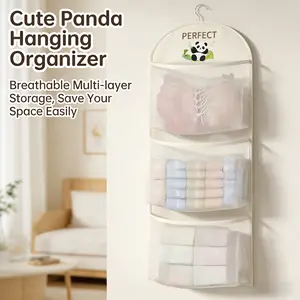 3-Layer Hanging Storage Bag for Dorm Room, Cute Panda Closet Organizer with Breathable Mesh Pockets, Space Saving Hanger for Lingerie, Accessories