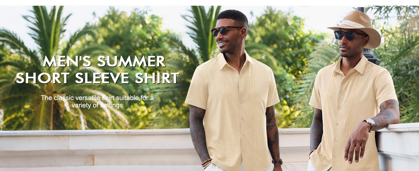 Runcati Mens Cuban Guayabera Shirt Short Sleeve Button Down Shirts Casual Linen Summer Beach Vacation Tops