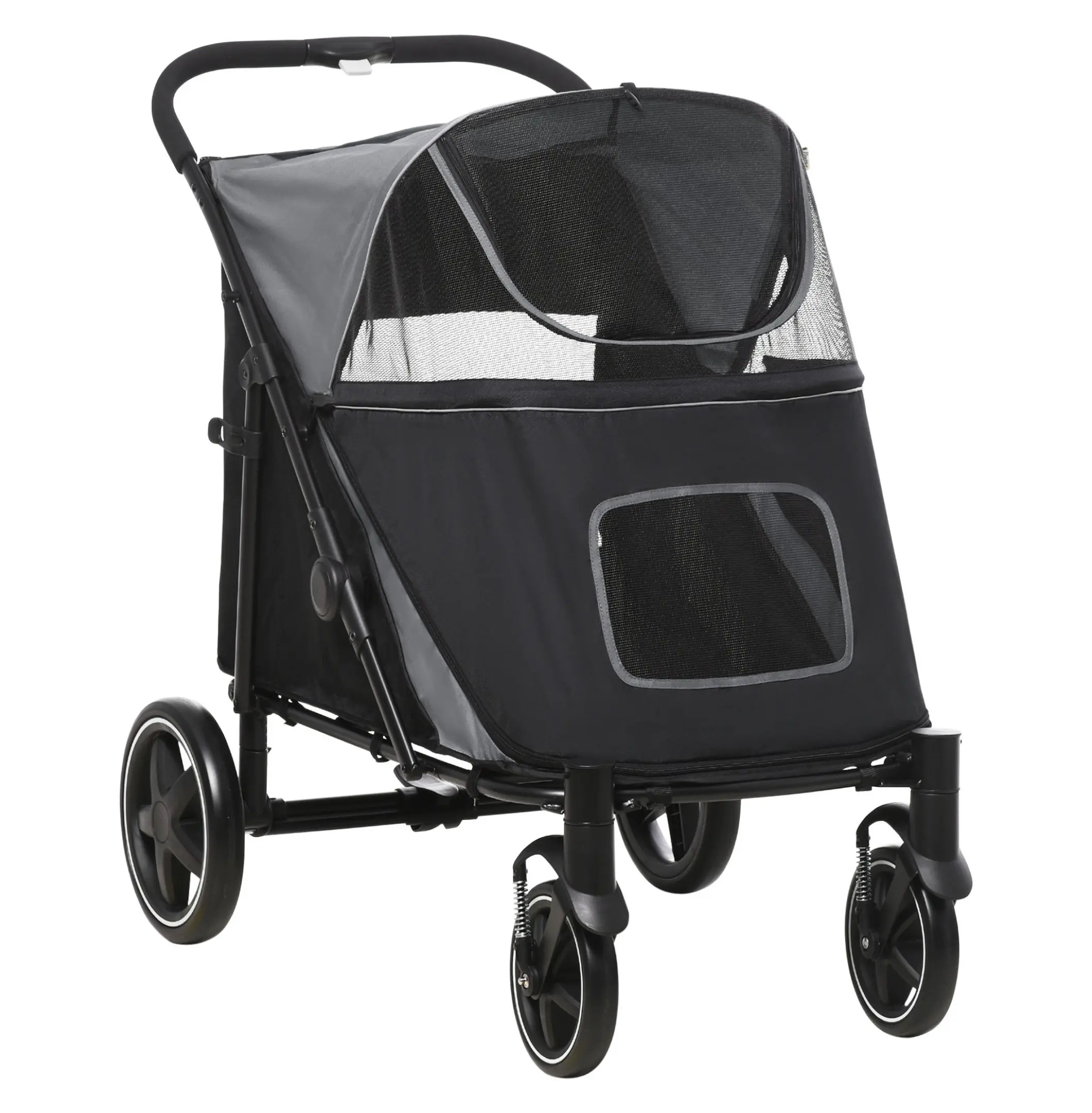 Dog Stroller for Medium Large Dogs - PawHut One-Click Folding Pet Stroller with Storage, Shock Absorbing Wheels, Mesh Ventilation, Safety Leash - Gray Gray + Steel