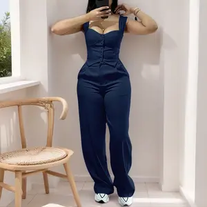 Women's Beige Sleeveless Tight Top & Wide-Leg Pants Set - V-Neck with Button Details High-Waisted Flared Pants Ideal for All Seasons Fashionable Outfits