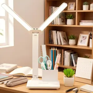 LED Desk Lamp with Dual Heads, Eye-Care Table Lamp with Dimmable Brightness & 3 Color Modes, Book Light with Pen Holder and Phone Stand, Foldable Study Lamp for Office Reading Bedroom