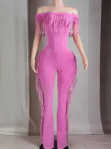 Pink Mineral Wash Fringe Off Shoulder Jumpsuit