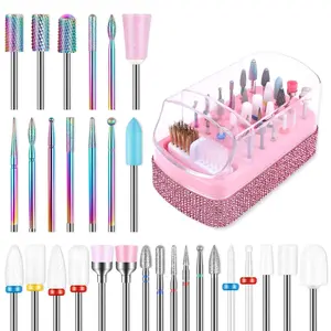 30PCS Nail Drill Bits Set with Holder Case, 3/32 Inch Tungsten Carbide Ceramic Diamond Efile Cuticle Nail Bits Tool, Safety Bits for Acrylic Gel Removal Polish Nail Tech Manicure Pedicure, Home Salon Rolokit Brush