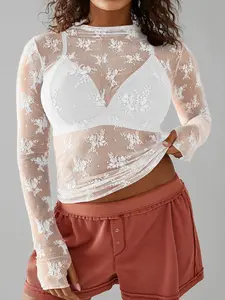 Women's Plus Size Sheer Lace Overlay Long Sleeve Top, Sexy Slim-Fit Summer Fashion Tee, Trendy Plain Color Underlayer Shirt