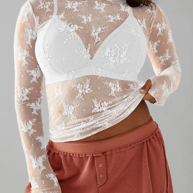 Women's Plus Size Sheer Lace Overlay Cropped Top, Sexy Slim-Fit Fashion Long Sleeve Tee for Summer, Trendy Print Solid Color Top, Womenswear, Piece, Crop Tops