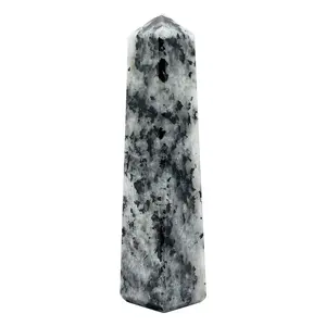 Rainbow Moonstone Crystal Tower Point with Black Tourmaline Inclusions, Healing Crystal Wand for Energy, Meditation & Home Decor - RPO507