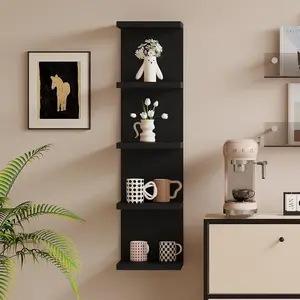 Five-layer black floating wall shelf, combining texture and stability. No hardware accessories required, easy to install even for women. Suitable for bedrooms and living rooms. Wall-mounted design saves floor space.