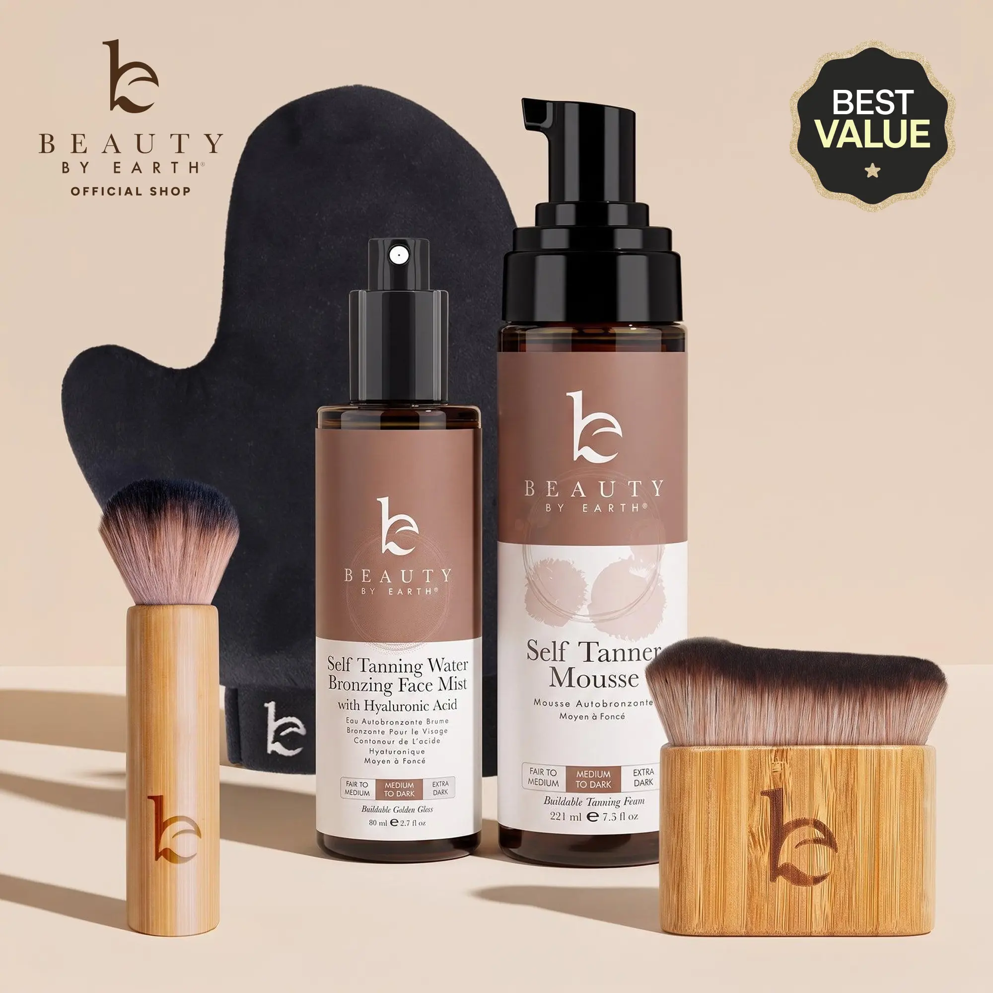 Beauty by Earth Self Tanner Pro Bundle - Professional Sunless Tanning Kit At Home includes tanning mousse, mist, face & body brush, mitt applicator