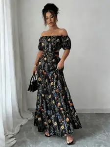 Fashion Floral Off Shoulder Long Dress Bubble Sleeves Waist Slit Design Perfect for Beach Vacation