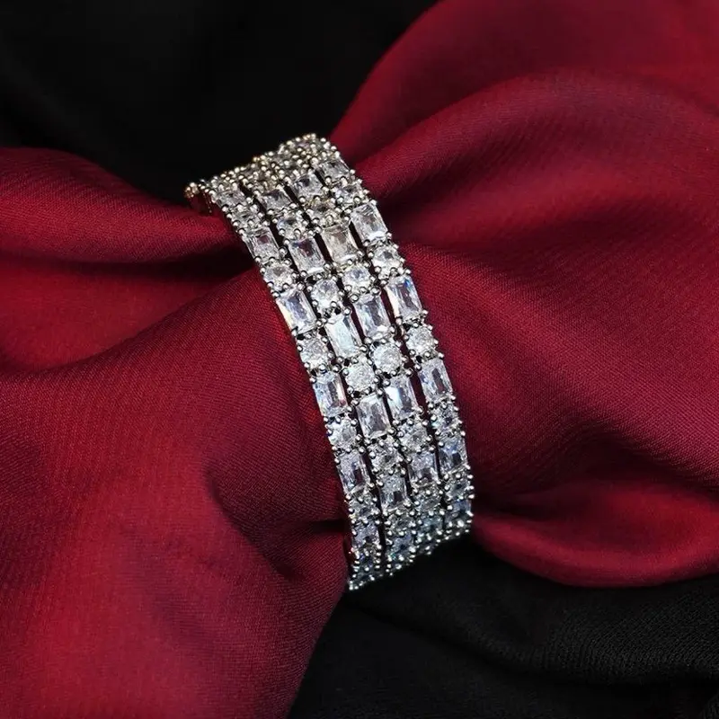 Silver Rhodium-Plated American Diamond-Ad and CZ Stones Studded Bangles Set of 4 Pieces Size 2.4 2.6 Elegant Jewelry